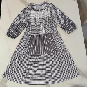 Violet Weekend Gray Purple Stripe Tasseled Neck Tiered Midi Dress Women's Medium